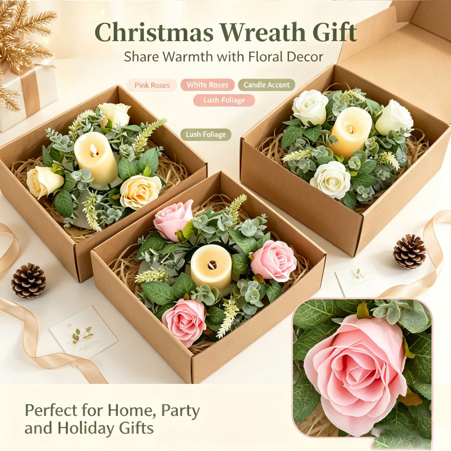 Holiday Candle Set - Artificial Rose Wreath Shaped Candlestick Floral